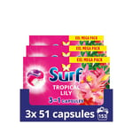 Surf 3 in 1 Tropical Lily Laundry Washing Detergent Capsules 153 washes (3x 51 capsules) joy-infused fragrance with natural essential oils lasting up to 12 hours in wear for brilliantly clean results