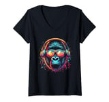 Womens Monkey DJ Disco Music Lover Headphones Gorilla Chimpanzee V-Neck T-Shirt