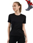 Merino.tech T Shirt Merinos Femme - Laine Merinos Chemise Femme + Chaussettes de randonnée en Laine mérinoss (Large, Black Crewneck)