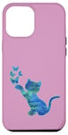 Coque pour iPhone 13 Pro Max Chat violet bleu cyan et papillon sur fond rose foncé