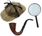 Sherlock Holmes Fancy Dress Detective Kit Deerstalker Hat Pipe &magnifying Glass