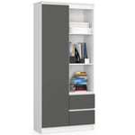 Bibliothèque de bureau AKORD R11 Blanche 80 cm 1 porte 2 tiroirs façade Gris Graphite 7 étagères 80x35x180 cm