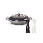 Le Creuset Signature Enamelled Cast Iron Shallow Casserole Dish With Lid + Le Creuset Classic Adjustable Salt & Pepper Mill Set, Chip-resistant ABS Plastic, Anti-Corrosion, 40g, Black and White