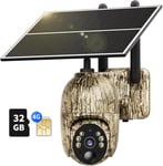 4G Lte Camera Surveillance Solaire Exterieure Sans Fil,2K Camera De Chasse Avec Sim & Carte Memoire 32Go,360°Ptz,Audio Bidirectionnel,Pir Detection,Vision Nocturne Couleur,Etanche Ip66