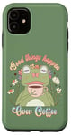 Coque pour iPhone 11 Grenouille tenant une tasse de café, Good Things Happen Over Coffee