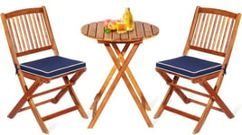 GOPLUS 3PCs Salon de Jardin Pliant-2 Chaises+1 Table+2 Coussins en Bois d'Acacia-Table et Chaise pour Jardin/Terrasse Bleu