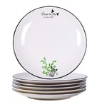 YOLIFE 8 inch Porcelain Dinner Plates,Ceramic Plate Set Shallow Dish with Black Edge for Table Service Set of 6（Happy Bird - Meet）