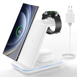 JoyGeek Station de Charge pour Samsung, 3 en 1 Chargeur Induction Para Samsung S24/S23/S22/S21/Z Flip/Fold, Chargeur sans Fil Para Galaxy Watch Ultra/7/6/5/4, Wireless Charger Para Galaxy Buds-Blanc