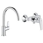 GROHE Mitigeur monocommande évier de cuisine Start Curve, chromé, 31554001 & Mitigeur monocommande Douche Start Flow, robinet douche à montage mural, raccord fileté