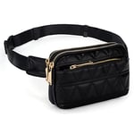 UTO Sac Banane Femme Homme Fanny Pack Ceinture Imperméable Synthétique Mode Léger Sac de Taille avec 3 Poches zippées PU matelassé Triangle Bracelet Noir