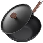 Jobin 33cm/5.6L Non Stick Wok with Lid of Iron Carbon Steel Frying Pan No Chemical Coated and Large Capacity for Cook Asian Dishes for 4-6 People, Ideal for Induction, Gas