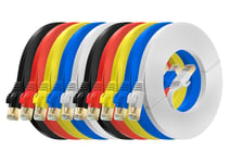 MutecPower 5m 10 Pack ULTRA FLAT Cat 7 Ethernet Network Cable with RJ45 plugs - SSTP - 600MHz - 5 meter Red/Yellow/Blue/Black/White cables with Cable ties & clips