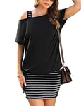 Gyabnw Robe Décontractée Femme Courte Robe Femme Été 2 Pièces Robe Casual Femme Chic Élégante Imprimé Tee Shirt Manche Courte avec Robe à Bretelles Tunique Robes de Plage Rayé Noir,S