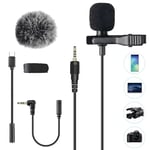 AGPTEK Microphone PC 3.5mm Jack Audio avec Clip et Fourrure Pare-Brise, 2m Mini Micro Cravate Interview Condensateur Omnidirectionnel avec CTIA Adaptateur et Adapter USB C, Pas pour Samsung USB C