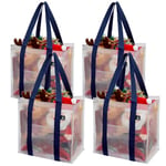 VENO Lot de 4 Sac de Course Réutilisables avec Poche Frontale, Base Renforcée, Sac Cabas Pliable, Tote Bag Polyvalent, Sac de Plage pour le Shopping, Pique-nique, Voyage (Transparent, Lot de 4)