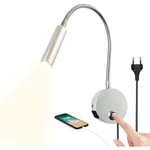 Dimbar väggläslampa med touchfunktion, LED-sänglampa med USB-port och strömbrytare, flexibel svanhalslampa med uttag, 3W vägglampa för läsning i sängen, sovrum [Energiklass G]