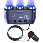 YANTU QC3.0 & PD 40W cigarette lighter usb charger, 140W 3-Socket Cigarette Lighter adapter/Splitter with Blue Lights,12V usb socket with Double/Dual Plug/Port & Extension Lead for all Car Devices