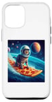 Coque pour iPhone 15 Chat surfant sur planche de surf pizza, chat portant un casque de surf
