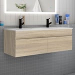 Meuble de salle de bain double vasque 120 cm, meuble suspendu avec 2 portes, bois clair