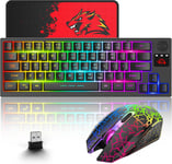 Ensemble Clavier Et Souris De Jeu Sans Fil,Wireless 64 Touches Avec Bouton Rgb Led Rétroéclairé Clavier,Batterie De 4000 Mah,2400 Dpi Ergonomique Souris Avec Tapis De Souris Pour Pc Gamer-Noir