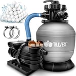 tillvex Système de Filtre à Sable 10 m³/h + 800g Boules de filtre – 7 Fonctions de Filtration | Filtre de Piscine avec indicateur de pression | Filtre à sable pour les bassins aquatiques & piscines