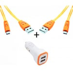 Pack Voiture Pour Samsung Galaxy J3 2016 Smartphone Micro Usb (2 Cables Smiley + Double Adaptateur Led Allume Cigare) - Orange