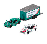 Majorette - Race Trailer Set - 2 Voitures Jouet & 1 remorque en Forme de Sport Automobile - Voitures et remorques en métal de 19 cm - pour Enfants à partir de 3 Ans - Modèle aléatoire