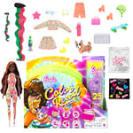 Barbie Color Reveal Fluo Poupée Mannequin Brune avec Mèches Orange, Vêtements et 25 Surprises avec Changement de Couleur, Jouet Enfant, Dès 3 Ans, HCD27