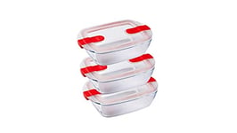 Pyrex 1451130 Cook & Heat-Set of Three 1.1L Rectangular Glass Food Microwave Airtight Lids-Storage Containers, Transparent/Green