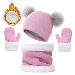 JFAN 3 en 1 Chaud Tricot Bonnet Enfant Hiver Chapeau Echarpe Gants Ensemble Lot de 4 Motifs Rayures Mignonne Multicolore Ski Cap Taille unique Rose