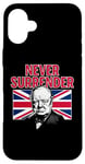 Coque pour iPhone 16 Plus Winston Churchill Never Surrender avec drapeau Union Jack