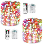 100 Guirlande Lumineuse Led, 2 Pièces 10M 8 Modes Décoration Fil De Cuivre À Piles Etanche Ip67 Avec Télécommande Et Minuterie Pour Éclairage Extérieur Et Intérieur, Mariage, Fête, Noël Multicolore