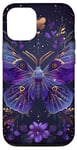 Coque pour iPhone 14 Papillon bleu foncé Luna Moth Witchy Blue et fleurs violettes