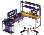 ODK Bureau Gaming avec LED, Bureau avec Étagère Réversible, Bureau en L avec Prises et Ports USB, Bureau Gaming Noir avec Compartiments et Rangement, 168×120 cm