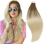 RUNATURE Ombre Extension Adhesive Cheveux Naturel Extension Blonde Bande Adhesive Cheveux Naturel Remy Hair Balayage Brun Clair à Blond Platine 22 Pouces/55cm 20 Pièces/50g #BA8/60