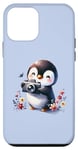 Coque pour iPhone 12 mini Pingouin mignon avec appareil photo art floral sur bleu