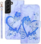 AOSBUTURY Coque pour Samsung Galaxy S22 5G (6.1 Pouces),Pochette Protection Housse Etui en PU Cuir Marbre Fleurs Synthétique Portefeuille,Fermeture Magnétique,Flip Case-Bleu