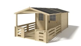 Abri de jardin en bois - 3x2,50 m + terrasse avec balustrade et avant-toit en bois - 16,50 m2 - DOM469+DOM394+DOM395+POD04