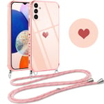 Vauki Coque pour Samsung Galaxy A14 5G avec Cordon, Silicone Motif Coeur d'amour Mignon Étui Bumper Protection de Collier Lanyard avec Chaîne Case pour Samsung A14 5G 6.6 Pouces, Bandoulière-Rose