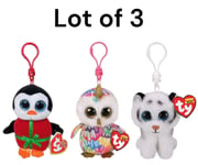 LOT OF 3 x TY BEANIE BOOS ENCHANTED OWL, TUNDRA & PENGUIN KEYRING /BAG CLIP  4"