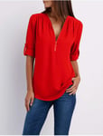 Women Shirts Summer Autumn Casual V-Neck Chiffon Blouse Women Top Camisa Feminina Long Sleeve Black White Ladies Blouses Shirt-Red_L