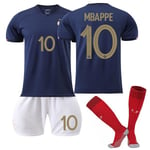 Frankrike Hemmaströja 2022/23 VM Mbappe #10 Fotbollströja T-shirt Shorts Set Fotboll 3-delat set för barn Vuxna Adult XS (160-165cm)