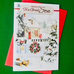 With Love To A Great Son Christmas Card Snow Scene Cottage Nice Message Verse