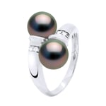 Ateliers Saint Germain Womens Ring You & Me Diamonds 0,06 Cts 2 Real Cultured Tahiti Pearls Round 8-9 mm - White Gold - Black - Size S