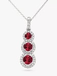 E.W Adams 18ct White Gold Ruby & Diamond Cluster Triple Drop Pendant Necklace