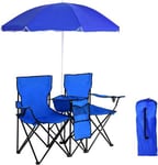 Chaise de Camping Pliante 2 Places avec Parasol Poche Isotherme et Porte-gobelet Fauteuil de Jardin Portable en PVC Ideal