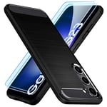 TesRank Coque pour Samsung Galaxy S23 5G Coque + Lot de 2 Verre Trempé, [Fibre de Carbone] Housse Souple Flexible en Premium TPU étui pour Samsung Galaxy S23, Anti-Rayures/Absorption des Chocs-Noir