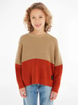 Calvin Klein Kids' Knitted Colour Block Jumper, Travertine/Auburn