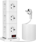 Tour Multiprise avec Interruteur, 13 Prises, 2 USB-A et 1 USB-C 30W Charge Rapide, 5M Câble, 2500W, Cube Amovible, Prise Multiple 16 en 1 pour Maison Bureau, Blanc