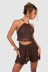 Womens Premium Crochet Tassel Shorts & Halterneck Top Set - Brown - L, Brown